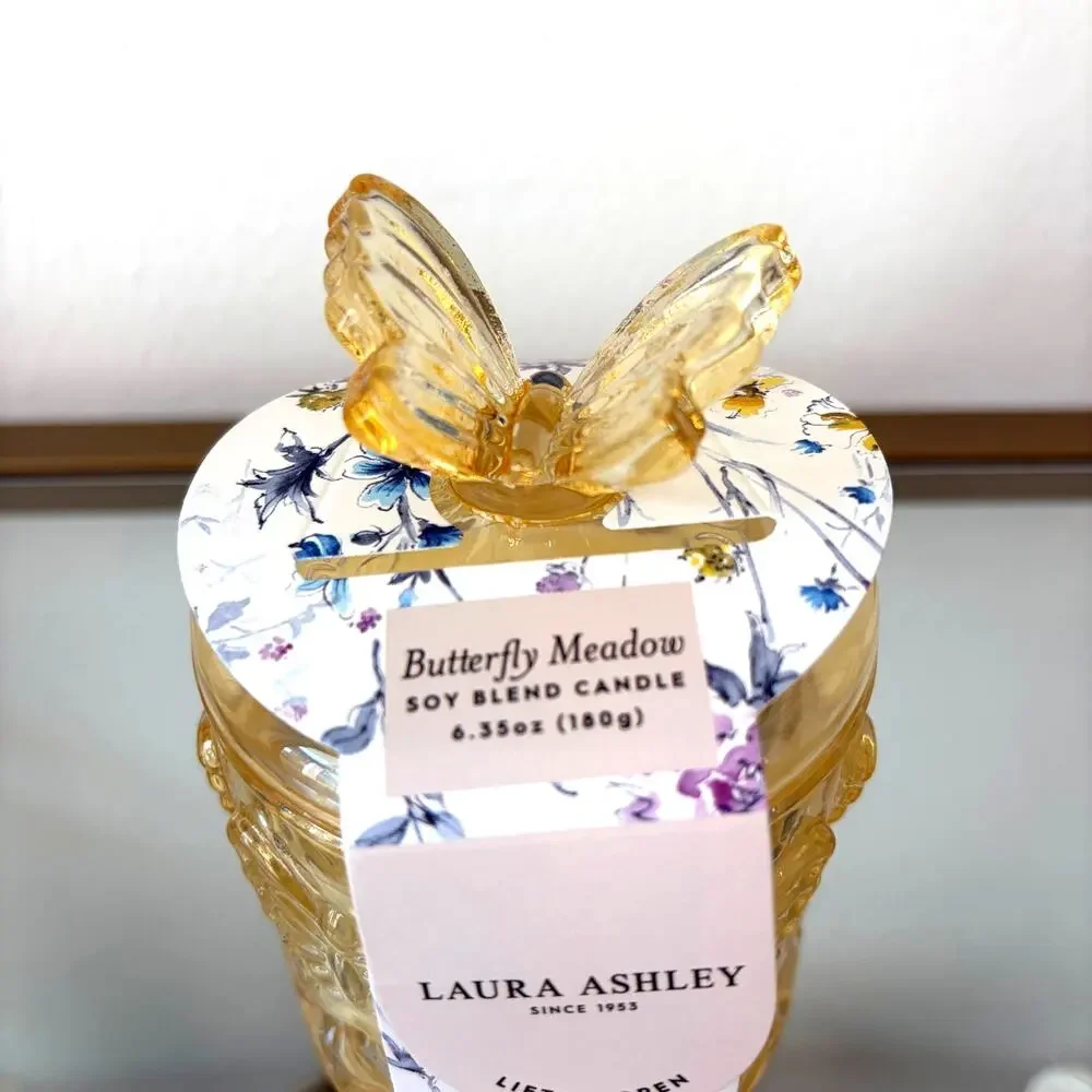 Laura Ashley BUTTERFY MEADOW Soy Blend Candle in Decorative Yellow Jar w/ Lid